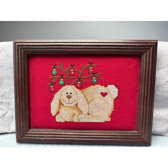 8" x 6"Framed Cross Stitch Bunny Ornament Antlers on Red Background - Picture 8 of 12